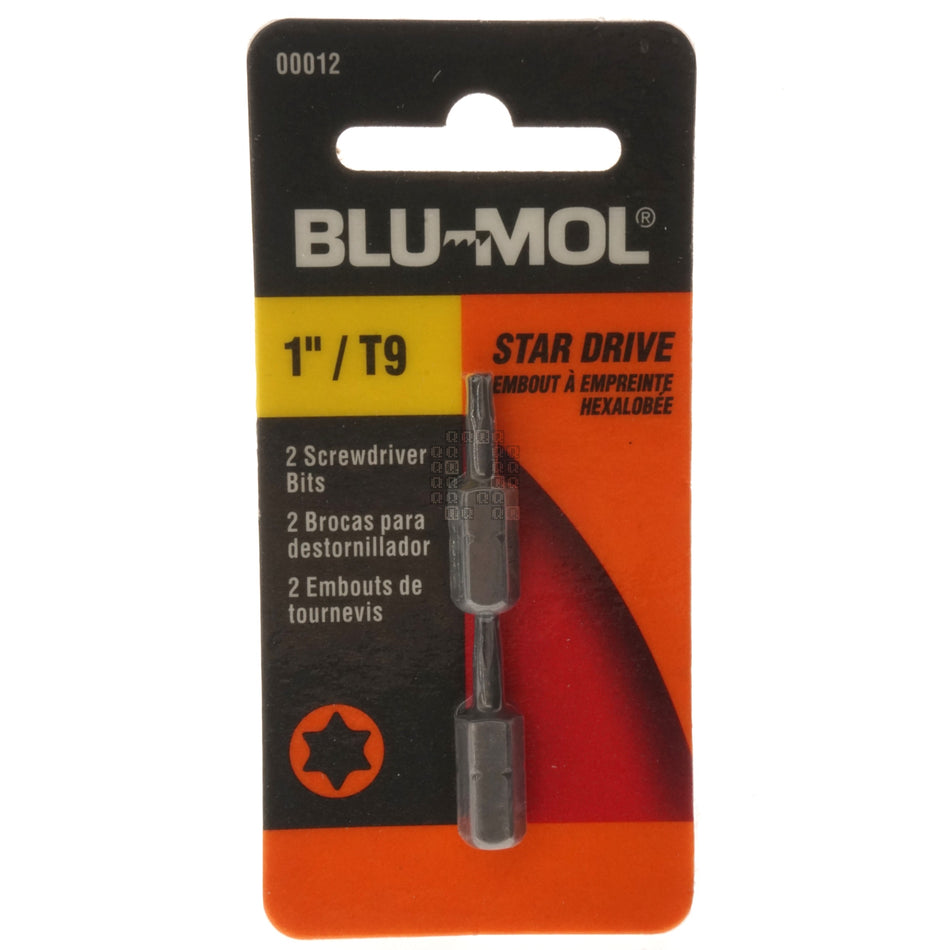 BLU-MOL 00012 T9 TORX Star Drive Screwdriver Bits, 1" Length, 2-Pack