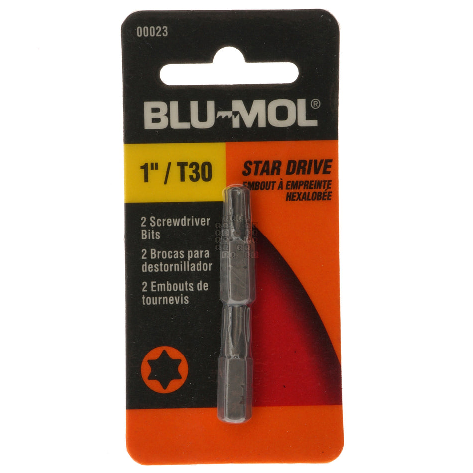 BLU-MOL 00023 T30 TORX Star Drive Screwdriver Bits, 1" Length, 2-Pack