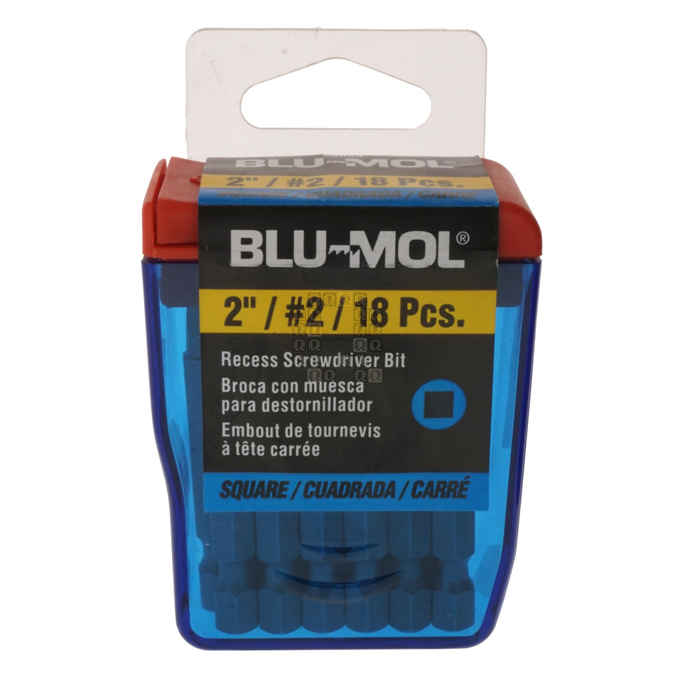 BLU-MOL 00059 SQ2 / #2 Square Recess Screwdriver Bit, 2" Length, 18-Pack
