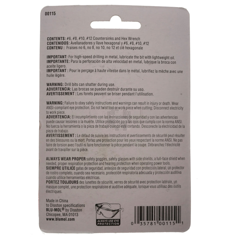 Blue-Mol 00115 #6, #8, #10 & #12 Countersink and Hex Wrench Set, 1/4" Shank