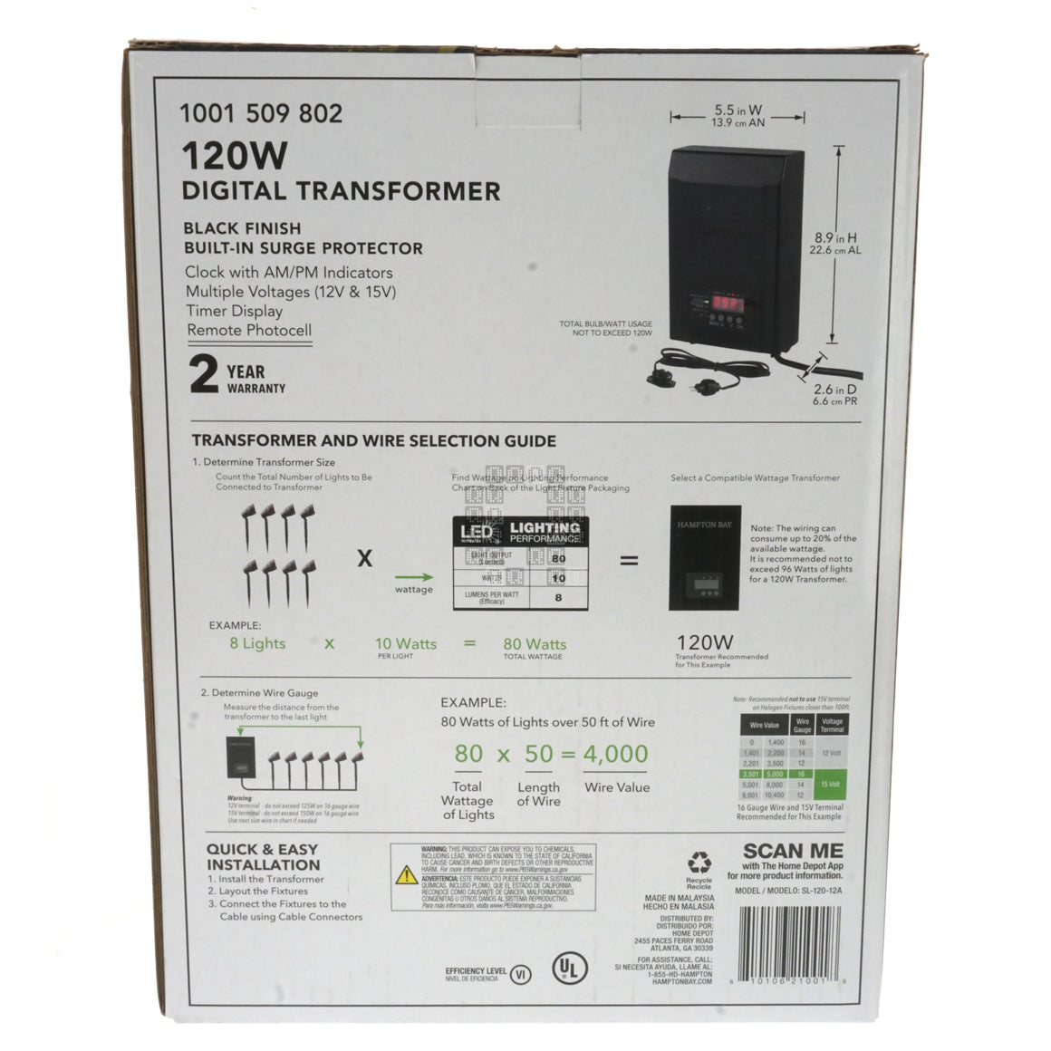 Hampton Bay 1001509802 Low Voltage Digital Transformer, 12+15VDC 120W, SL-120-12A Box Back