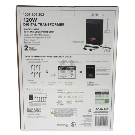 Hampton Bay 1001509802 Low Voltage Digital Transformer, 12+15VDC 120W, SL-120-12A Box Back