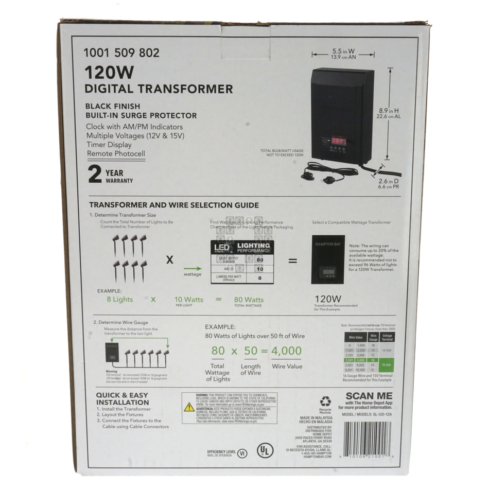 Hampton Bay 1001509802 Low Voltage Digital Transformer, 12+15VDC 120W, SL-120-12A Box Back