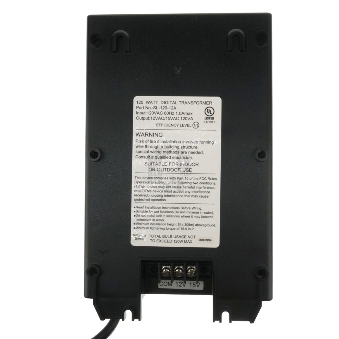 Hampton Bay 1001509802 Low Voltage Digital Transformer, 12+15VDC 120W, SL-120-12A Back