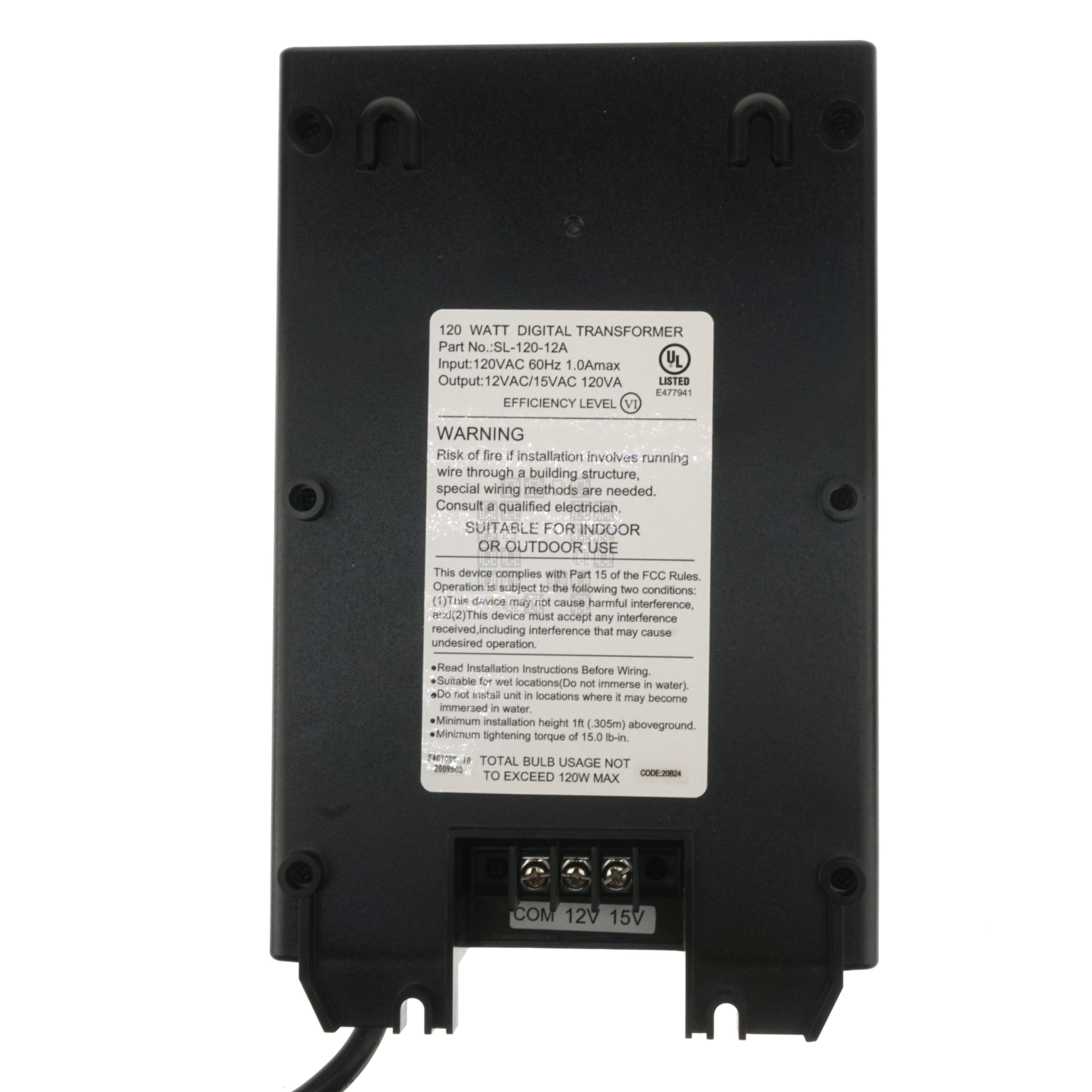 Hampton Bay 1001509802 Low Voltage Digital Transformer, 12+15VDC 120W, SL-120-12A Back