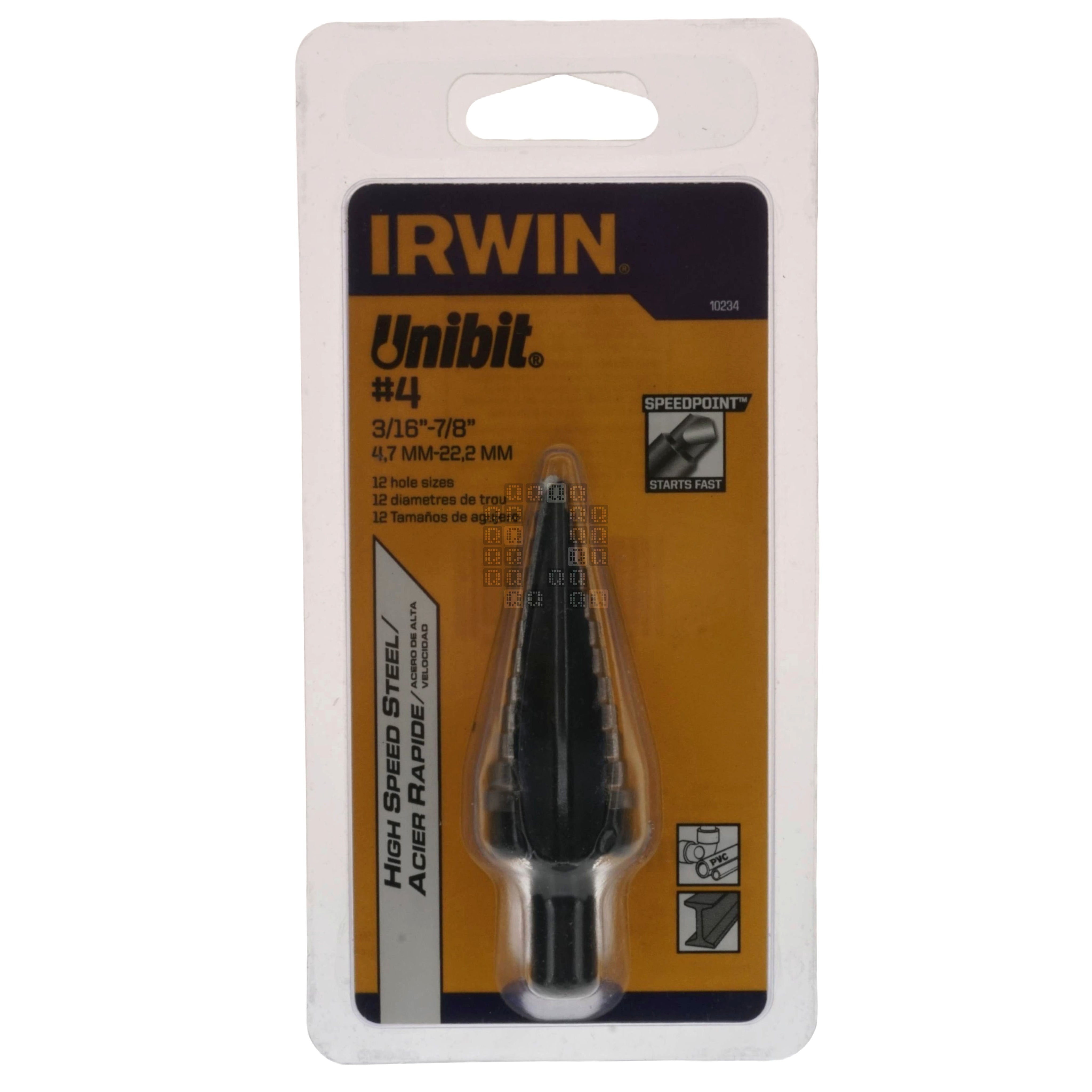 Irwin Tools 10234 Unibit #4 HSS Step Drill Bit, 3/16" to 7/8" Package Front