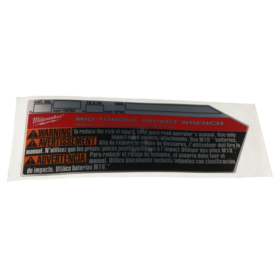 Milwaukee Tool 12-20-9100 Service Nameplate