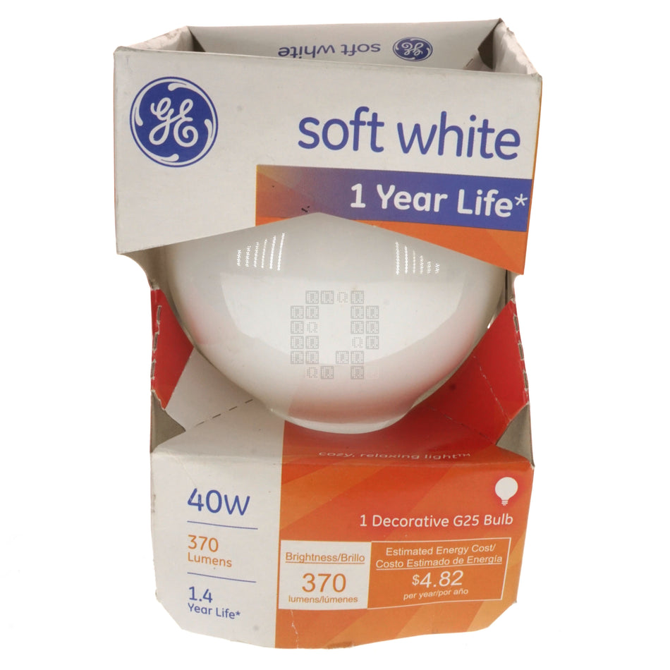 GE 12979 40W / 370 Lumens Decorative G25 Incandescent Light Bulb, Soft White