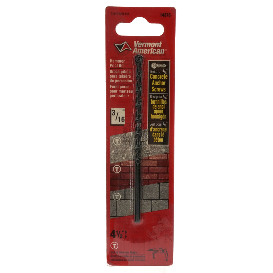 Vermont American 14376 3/16" Hammer Drill Pilot Bit, 4-1/2" Length
