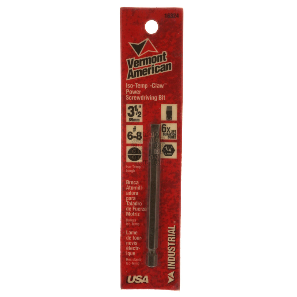 Vermont American 16324 Iso-Temp Claw #6-8 Slotted Power Screwdriving Bit, 3-1/2" Length