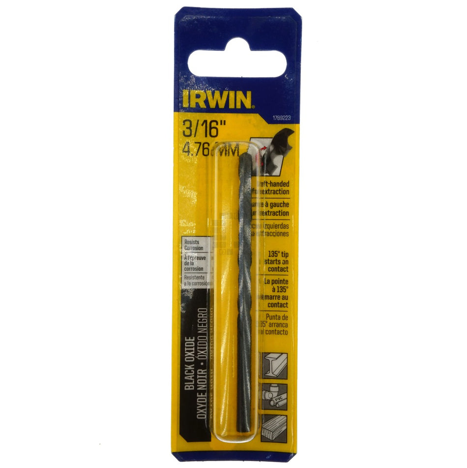 Irwin 1789223 3/16" Left Hand Drill Bit, Black Oxide, 135° Split Point