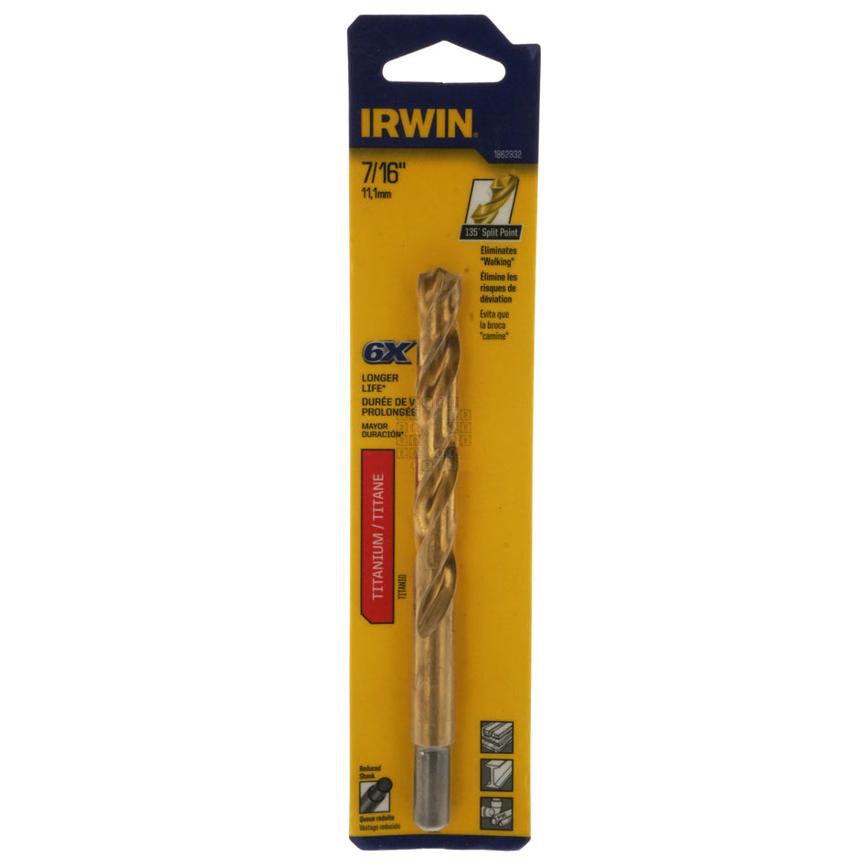 Irwin 1862932 7/16" Reduced Shank Titanium Coated 135° Split Point Drill Bit