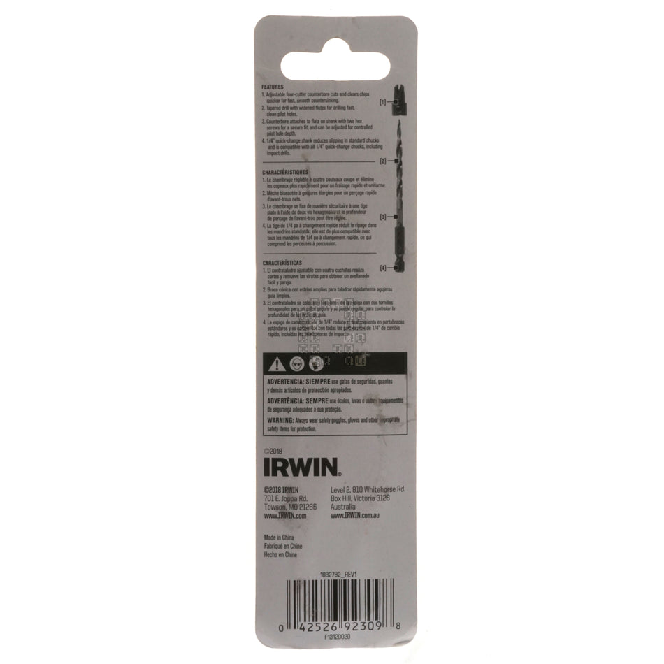 Irwin Industrial Tools 1882782 #8 Tapered Countersink Drill Bit, 1/4" Hex Quick Connect Shank
