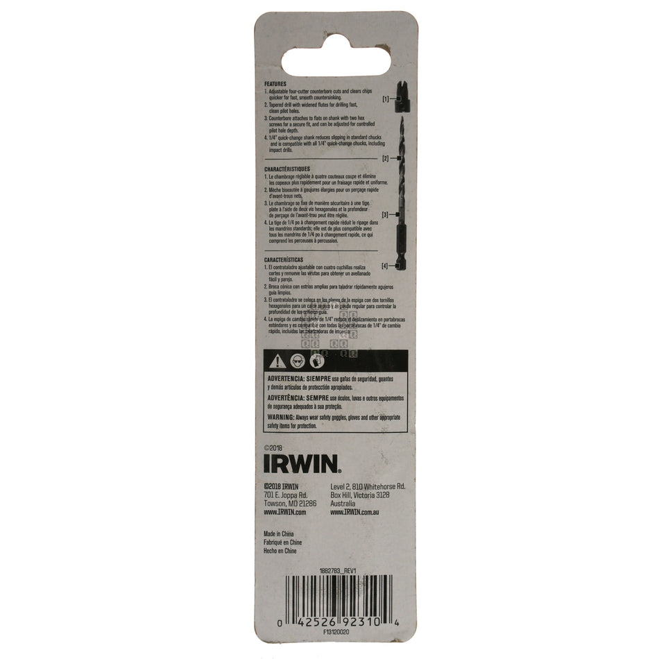 Irwin 1882783 #10 Countersink Drill Bit, 1/4" Hex Quick Connect Shank
