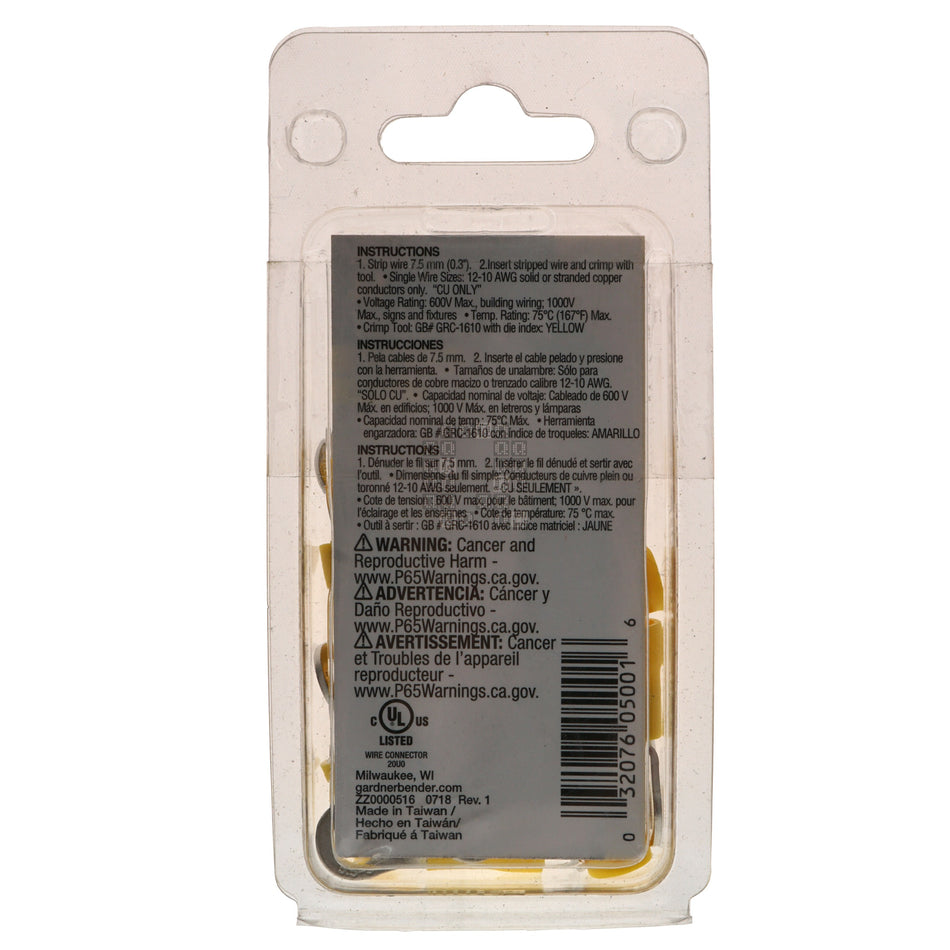 Gardner Bender 20-106 Ring Terminal, 12 to 10 AWG, #8 to 10 Stud, Yellow, 14-Pack