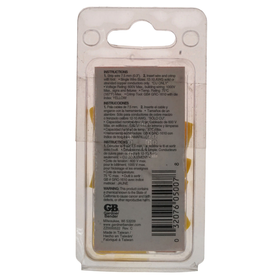 Gardner Bender 20-116 Ring Terminal, 12 to 10 AWG, #8 to 10 Spade, Yellow, 14-Pack