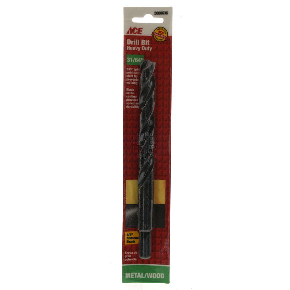 ACE Hardware 2000636 31/64" Heavy Duty Black Oxide Drill Bit, 135° Split Point, 3/8" Reduced Shank