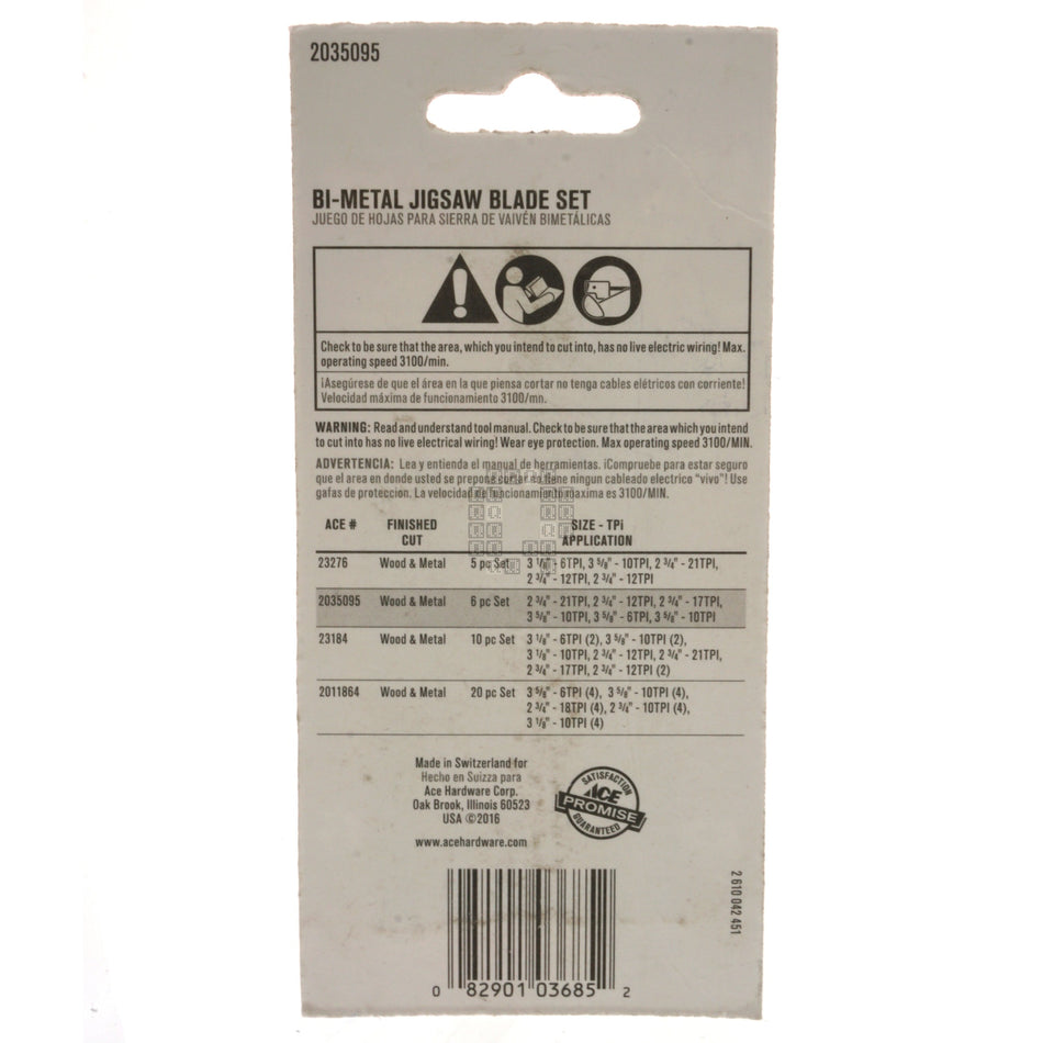 ACE Hardware 2035095 6-Piece Bi-Metal Jigsaw Blade Set for Wood and Metal