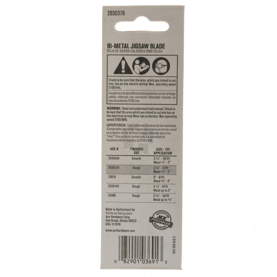 ACE Hardware 2035376 Bi-Metal Jigsaw Blade, 6TPI 3-5/8" Length, U-Shank, 3/4" to 2" Wood - Rough