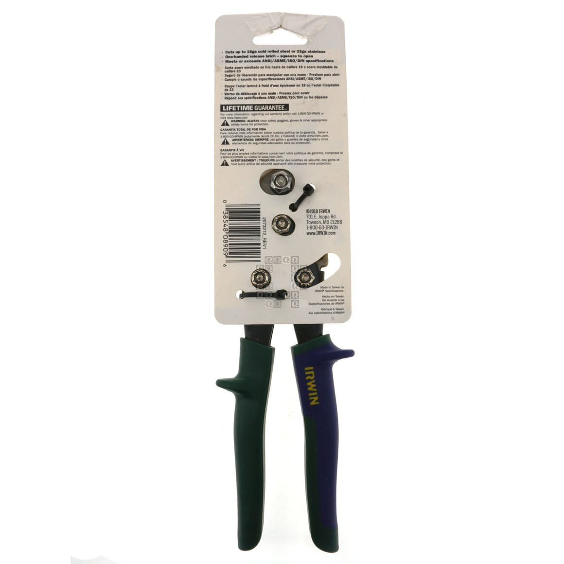 Irwin Industrial Tools 2073212 Right Hand Offset Tin Snips (Green Handle) Package Back