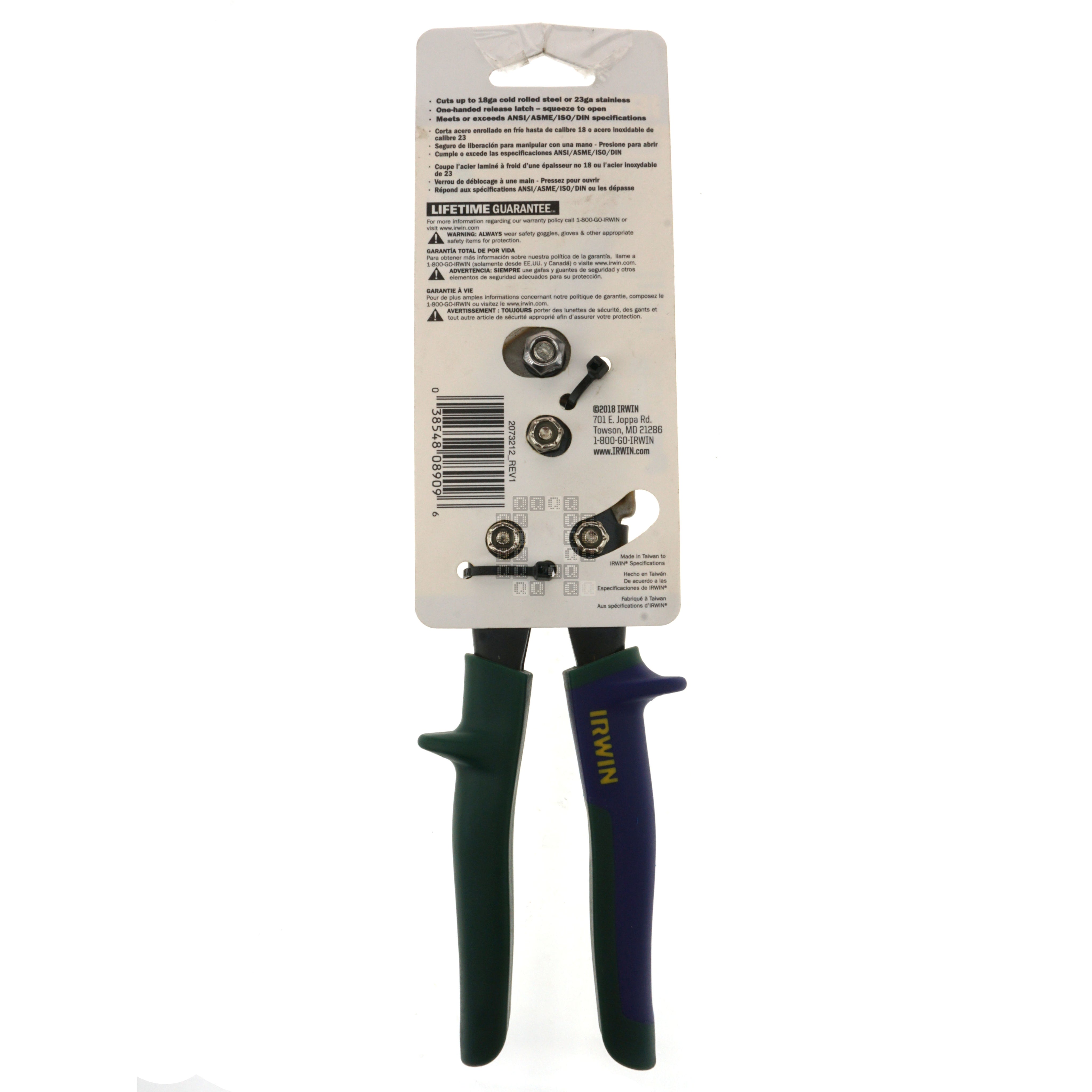 Irwin Industrial Tools 2073212 Right Hand Offset Tin Snips (Green Handle) Package Back