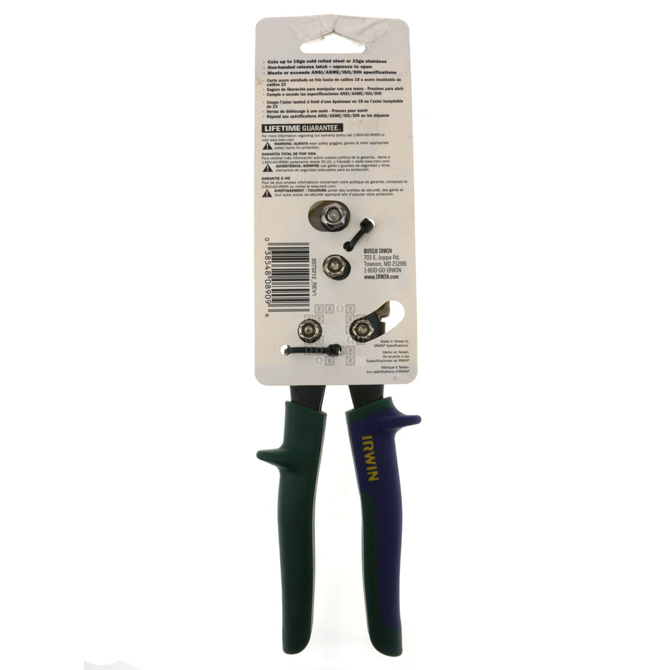 Irwin Industrial Tools 2073212 Right Hand Offset Tin Snips (Green Handle) Package Back