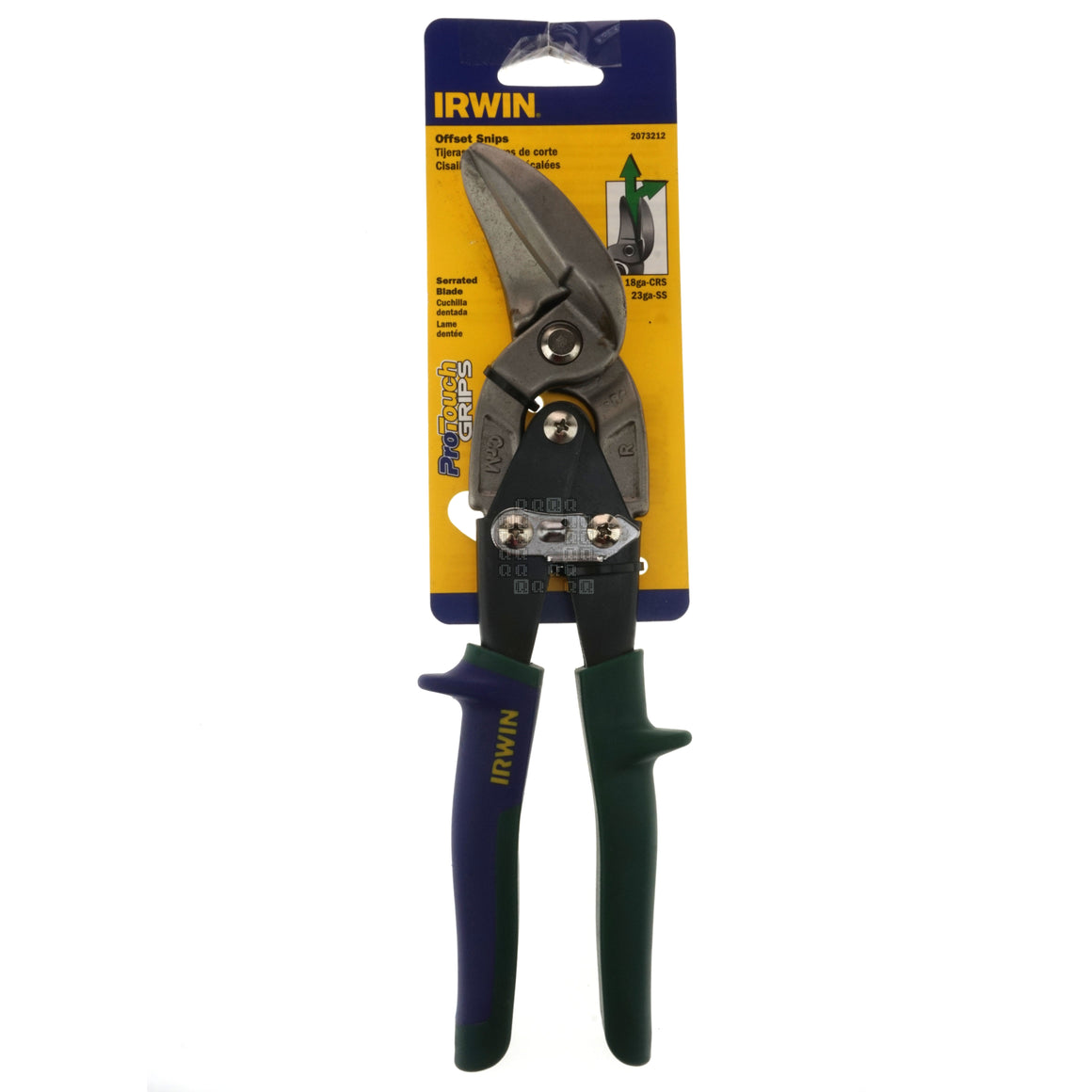 Irwin Industrial Tools 2073212 Right Hand Offset Tin Snips (Green Handle) Package Front