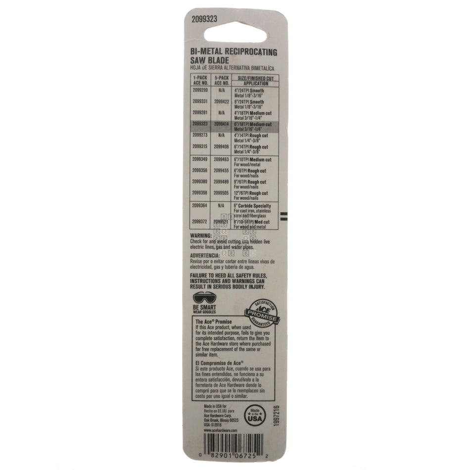 ACE Hardware 2099323 Bi-Metal Reciprocating Saw Blade, 6" Length, 18TPI