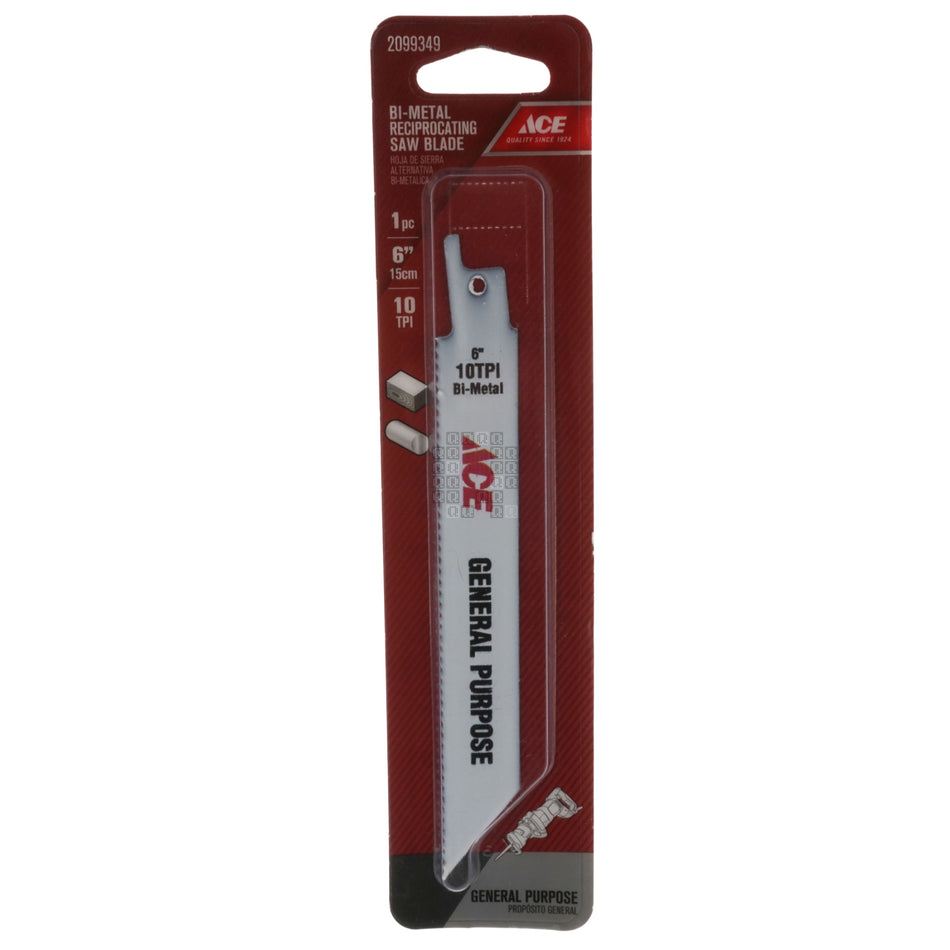ACE Hardware 2099349 General Purpose Bi-Metal Reciprocating Saw Blade, 6" Length, 10TPI