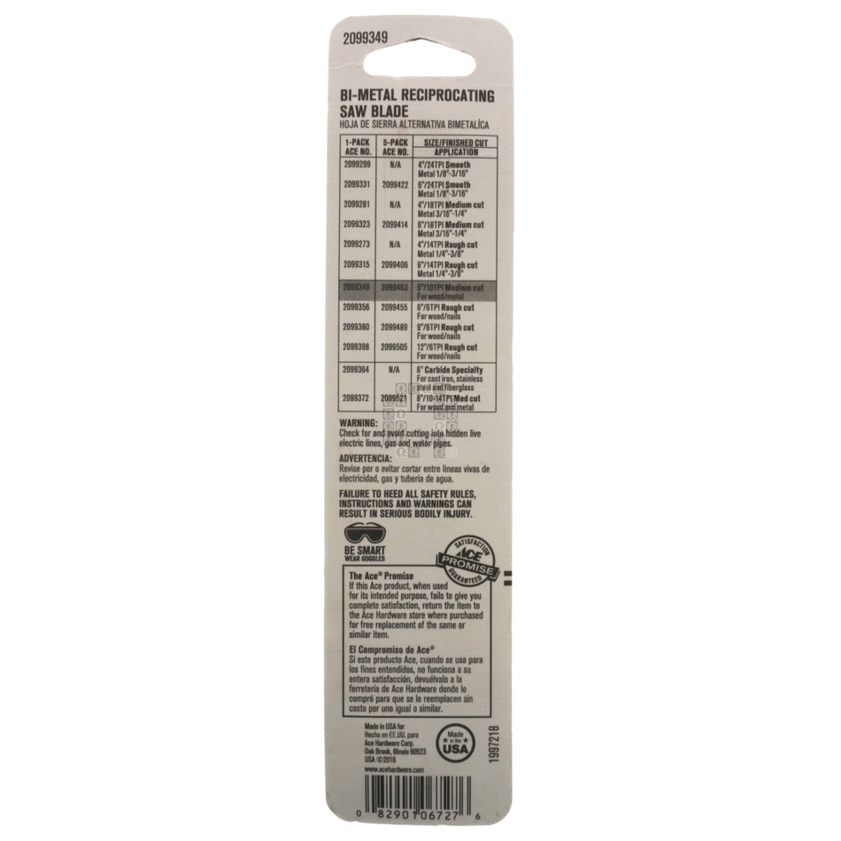 ACE Hardware 2099349 General Purpose Bi-Metal Reciprocating Saw Blade, 6" Length, 10TPI