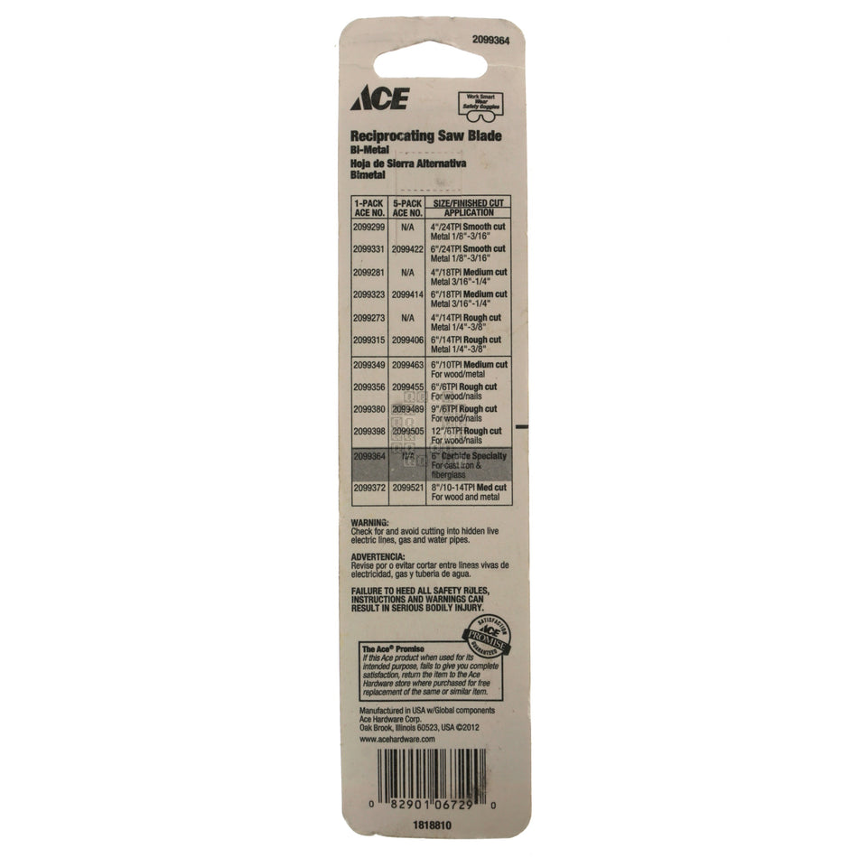 ACE Hardware 2099364 Bi-Metal 6" Carbide 30 Grit Reciprocating Saw Blade