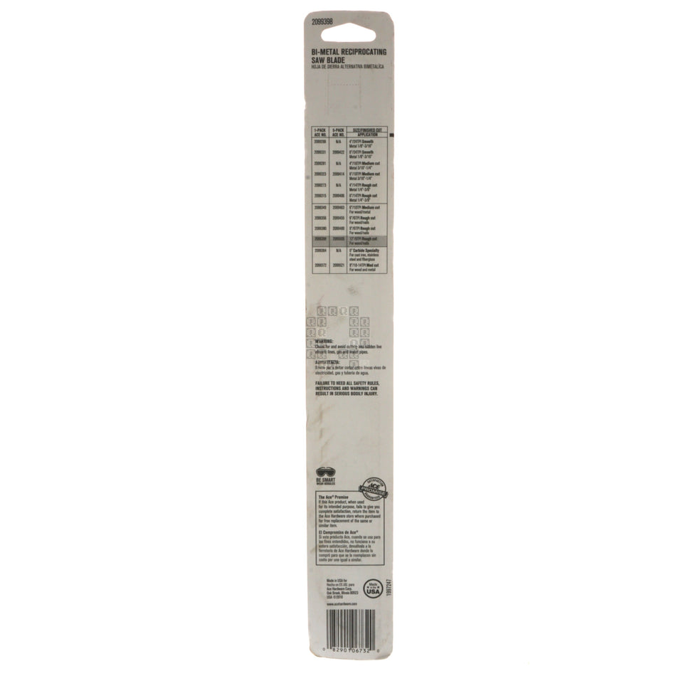 ACE Hardware 2099398 Bi-Metal 12" Long 6TPI Wood/Nails Reciprocating Saw Blade