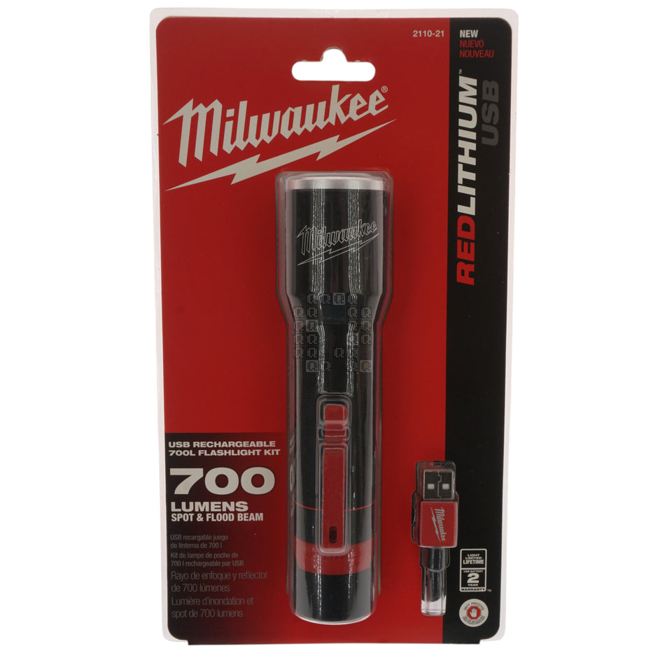 Milwaukee Tool 2110-21 USB Rechargeable 700L LED Flashlight Package Front