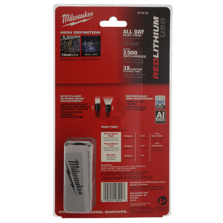 Milwaukee Tool 2110-21 USB Rechargeable 700L LED Flashlight Package Back
