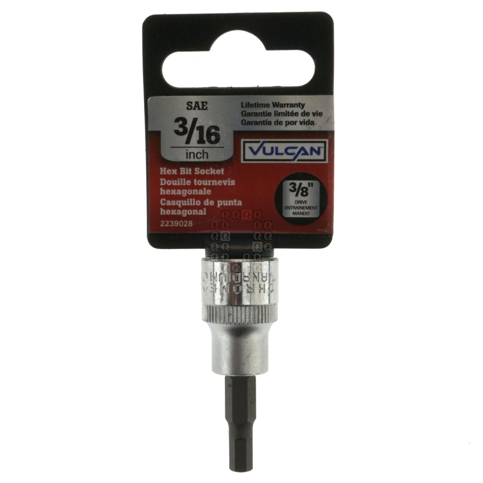 Vulcan 2239028 3/8" Drive Hex Bit SAE Chrome Socket, 3/16"