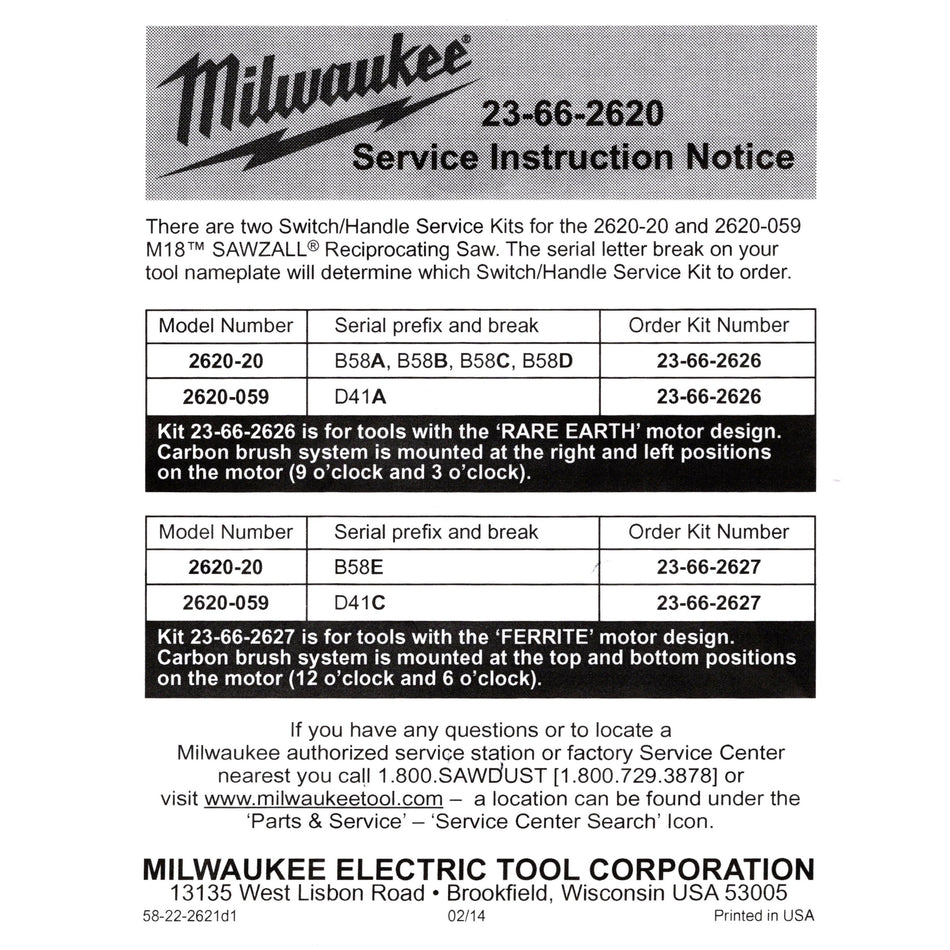 Milwaukee Tool 23-66-2620 Service Note Kit