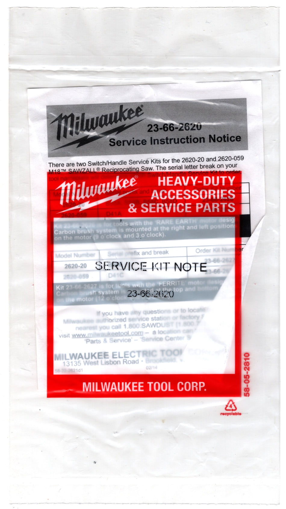 Milwaukee Tool 23-66-2620 Service Note Kit