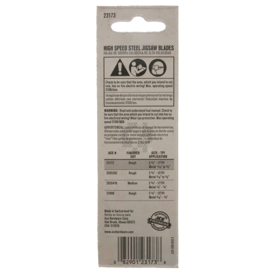 ACE Hardware 23173 U-Shank High Speed Steel Jigsaw Blades, 17TPI, 2-3/4" Length, 3/16" to 3/8" Metal - Rough