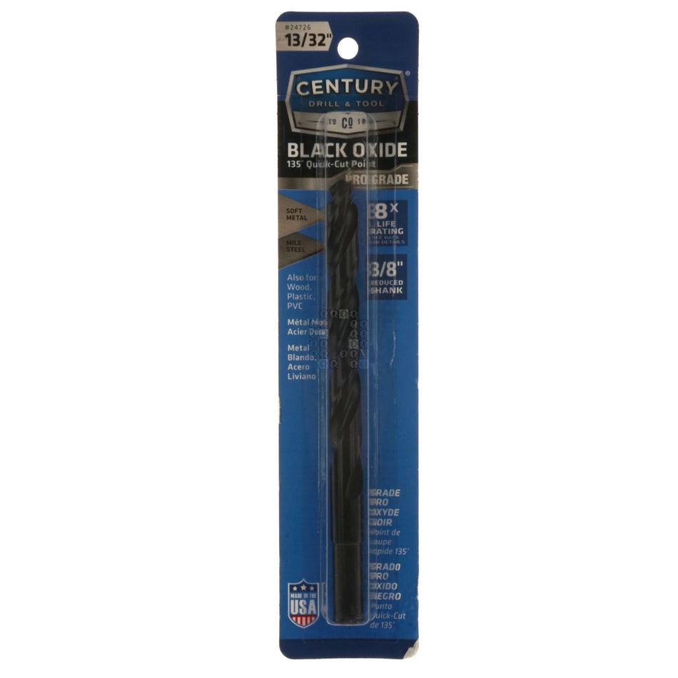 Century Drill & Tool 24726 Black Oxide 135° Quick-Cut Point Drill Bit, 13/32" Diameter, 3/8" Reduced Shank