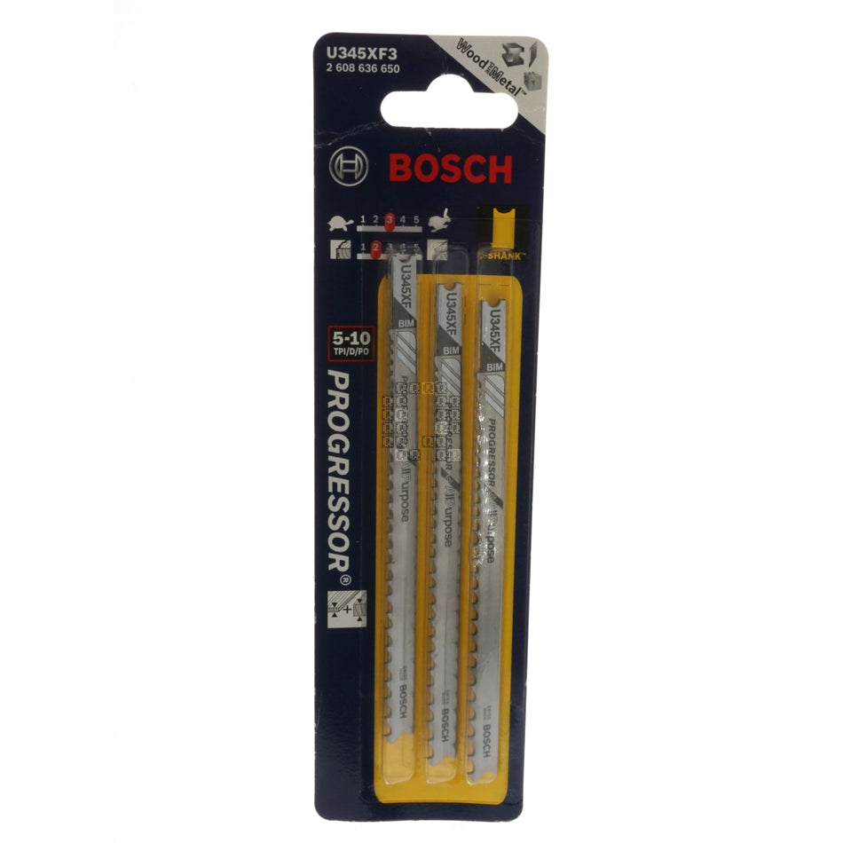 BOSCH 2608636650 U345XF3 Bi-Metal 3-Piece U-Shank Progressor Jig Saw Blade Set