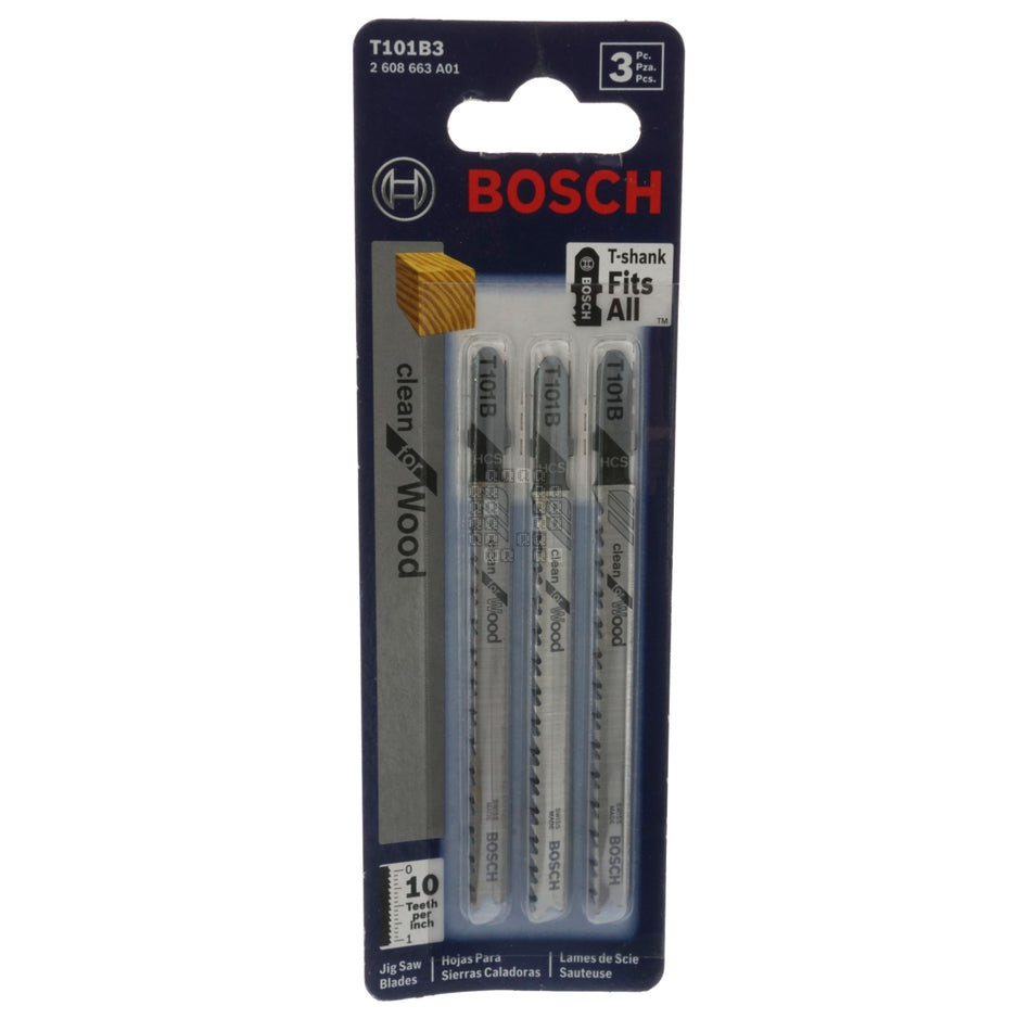 BOSCH 2608663A01 T101B3 HCS 3-Piece T-Shank 10TPI Clean Wood Jig Saw Blade Set, 4" Length