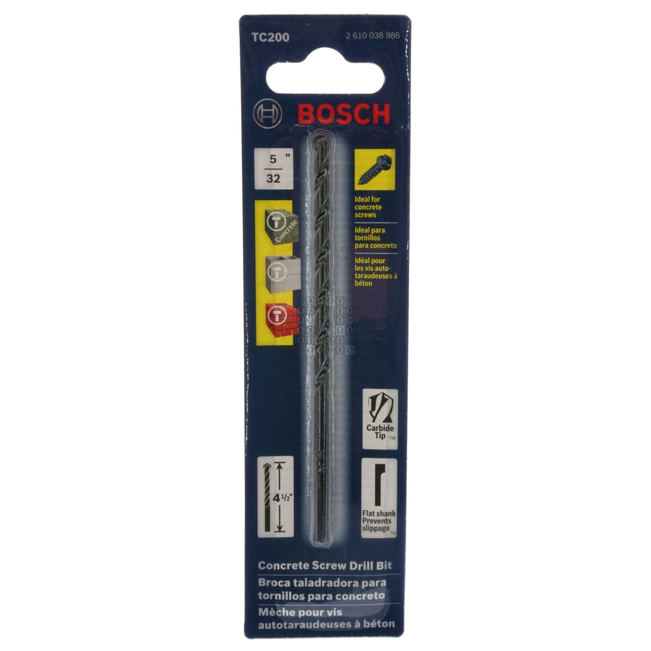 BOSCH TC200 2610038986 5/32" x 4-1/2" Carbide Tip Concrete Screw Drill Bit, Flat Shank