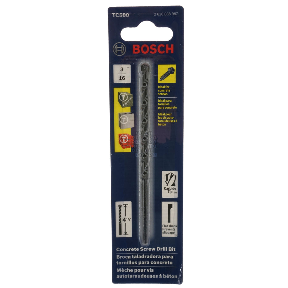 BOSCH TC500 2610038987 3/16" x 4-1/2" Carbide Tip Concrete Screw Drill Bit, Flat Shank