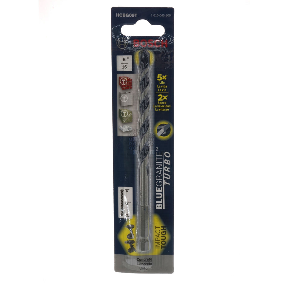 Bosch 2610045809 HCBG09T 5/16" x 6" Blue Granite Turbo Concrete Hammer Drill Bit, 1/4" Hex Shank