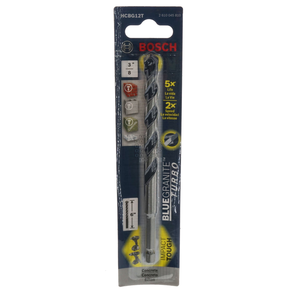 Bosch 2610045810 HCBG12T 3/8" x 6" Blue Granite Turbo Concrete Carbide Tip Hammer Drill Bit, 1/4" Hex Shank