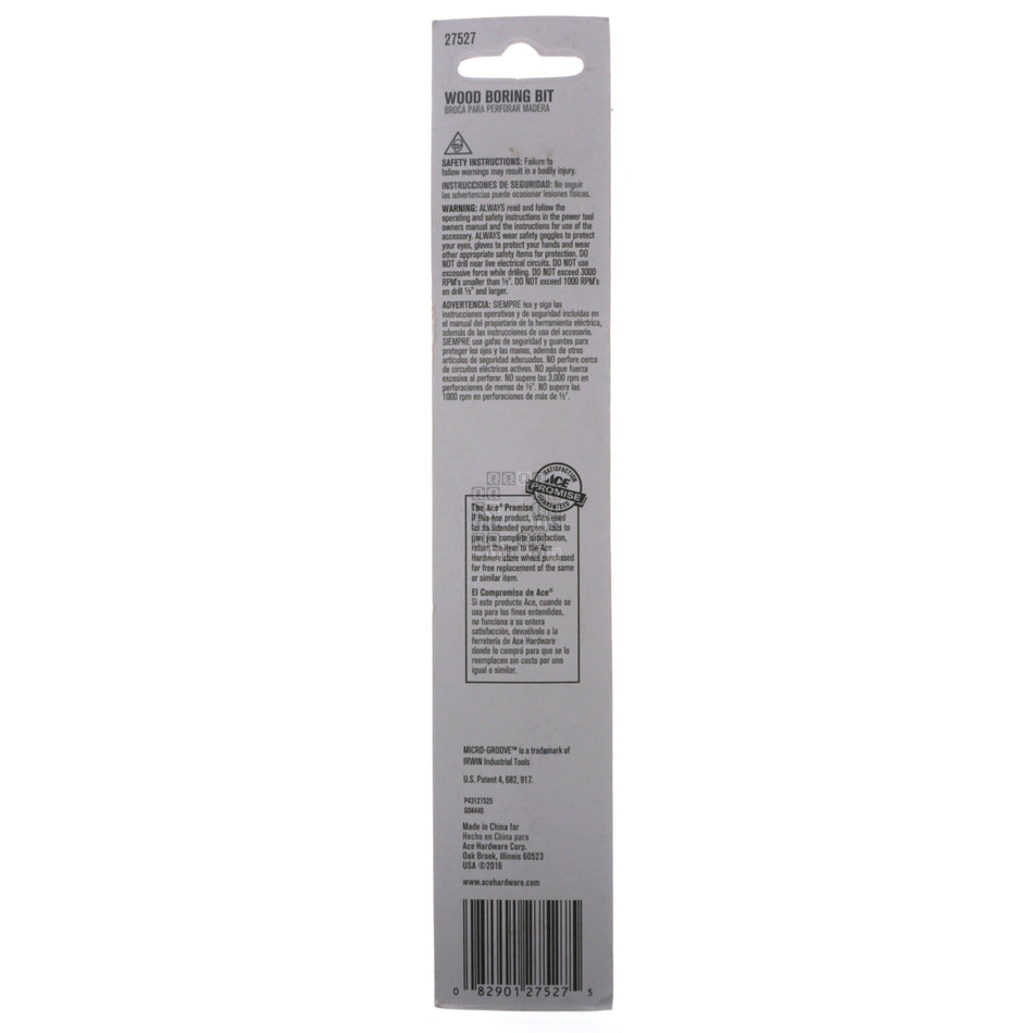 ACE Hardware 27527 HSS Wood Boring Spade Bit, 3/8" Diameter x 6" Length, 1/4" Hex Shank
