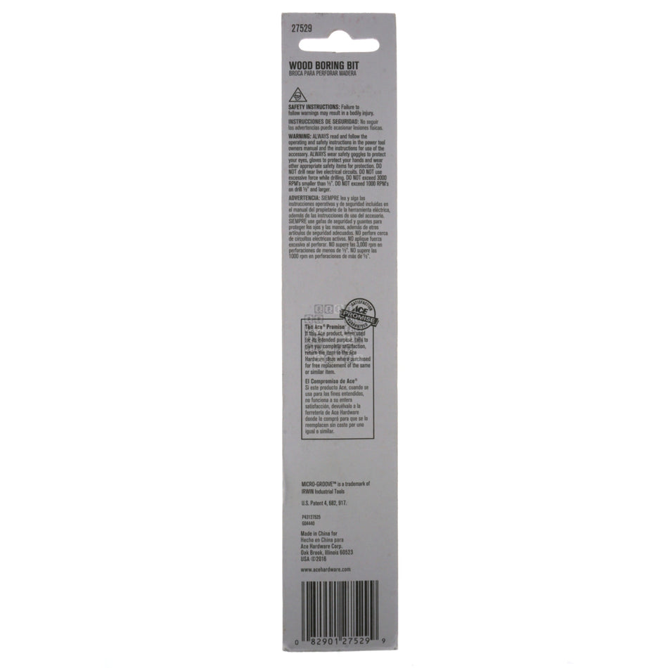 ACE Hardware 27529 HSS Wood Boring Spade Bit, 1/2" Diameter x 6" Length, 1/4" Hex Shank