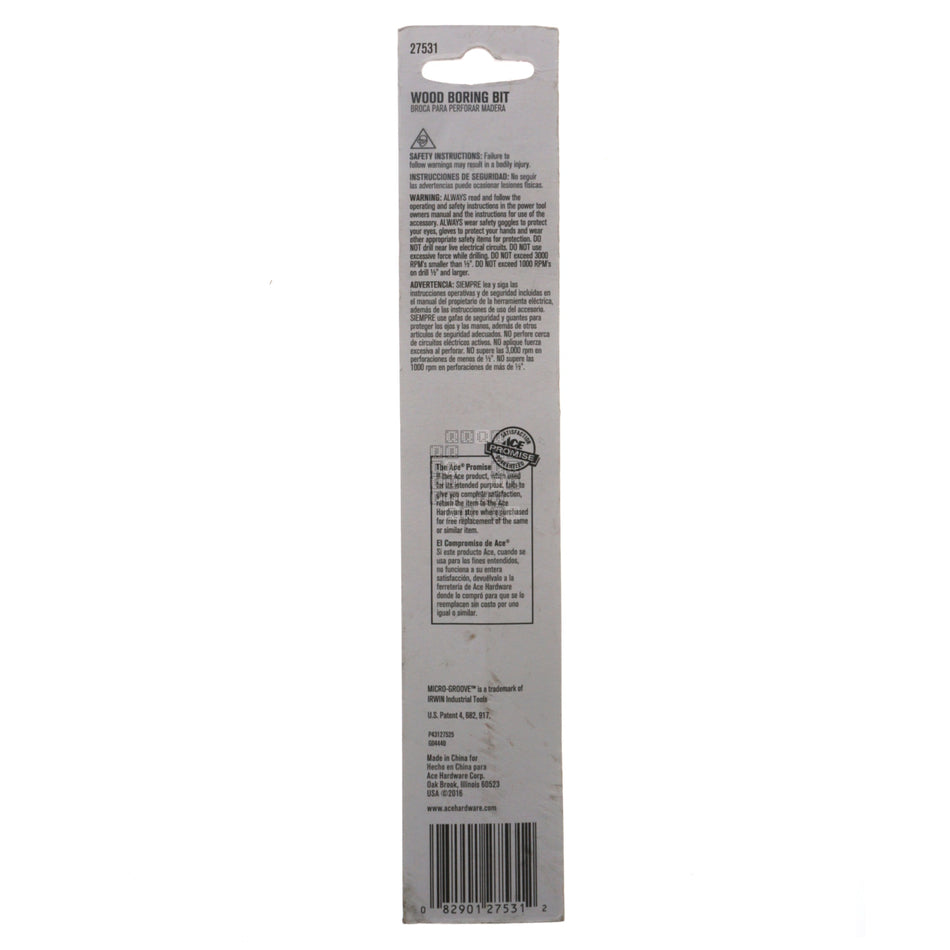 ACE Hardware 27531 HSS Wood Boring Spade Bit, 5/8" Diameter x 6" Length, 1/4" Hex Shank