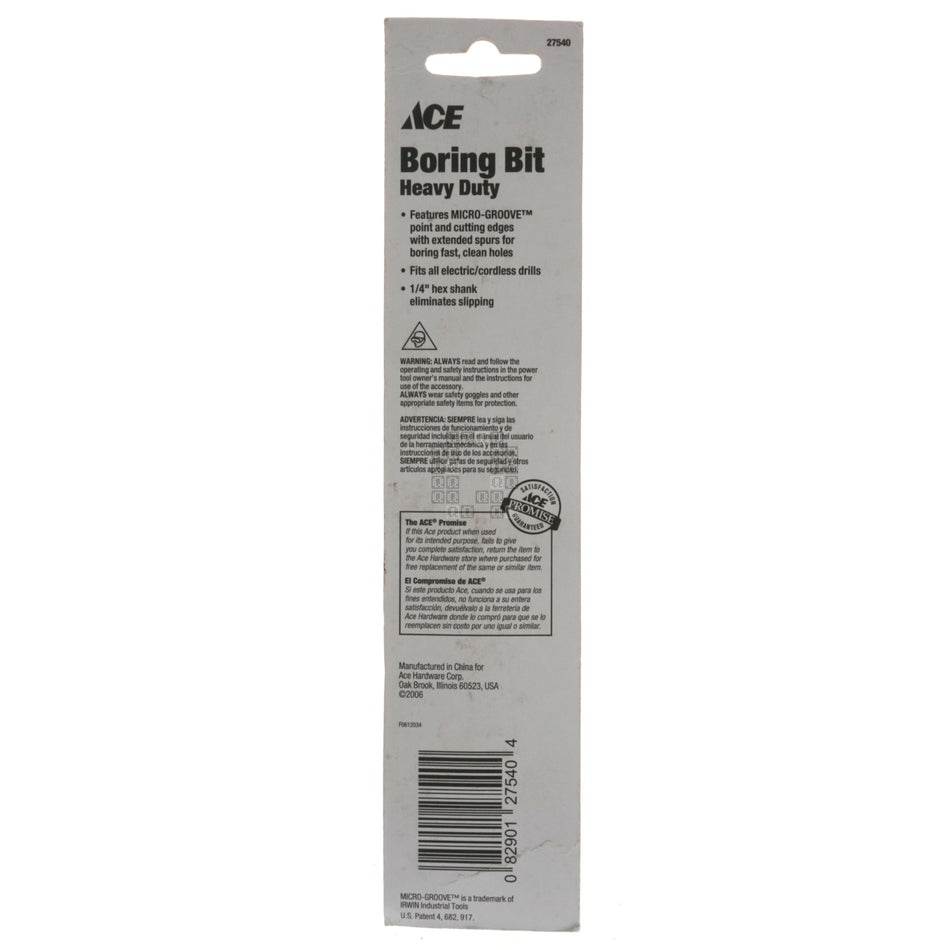 ACE Hardware 27540 HSS Wood Boring Spade Bit, 1-3/8" Diameter x 6" Length, 1/4" Hex Shank