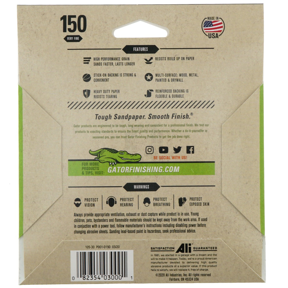 Gator 3000 5" Stick-On Sanding Discs, 150 Grit, Very Fine, No Holes, 4 Pack